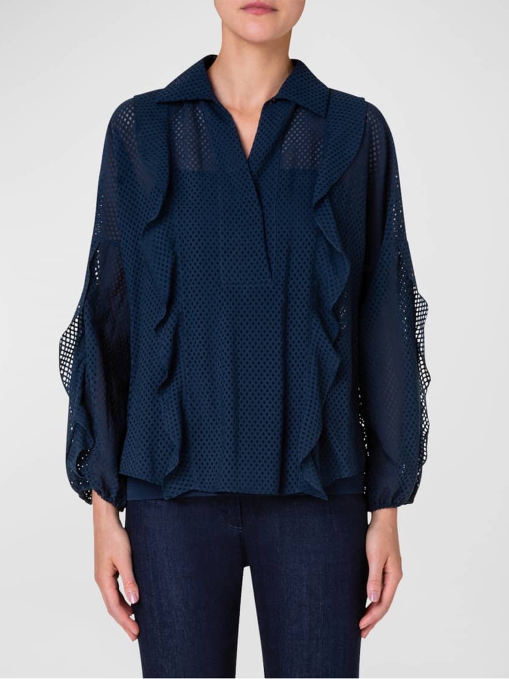 Akris punto Ruffle Blouson-Sleeve Mesh Organza Collared Blouse in navy size 12